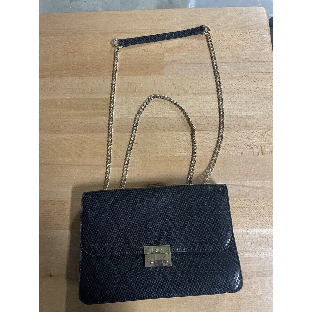 NWT BCBG Riley Shoulder Bag Purse Black Python Snake Pattern Gold Chains